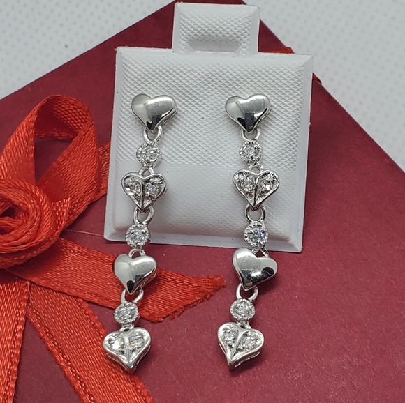 Silver 925 Multiple Heart CZ Dangling Earrings - Picture 3 of 9